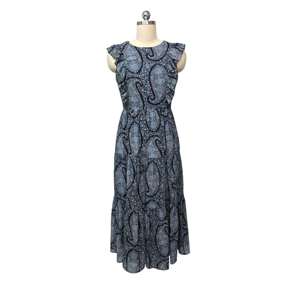 J. Crew Paisley Print Ruffle Sleeve Midi Dress Navy‎ Blue Women's Size 0